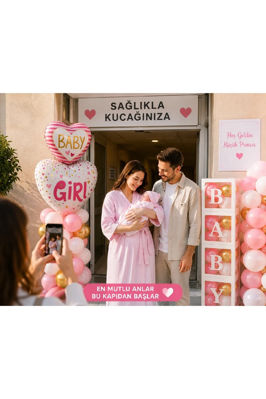 Baby Girl Hastane Odası Süsleme Seti – Hoş Geldin Bebek Kız Balon Dekorasyon Seti | BABY Kutu, Balon Standı ve Balon Zinciri gorsel 7