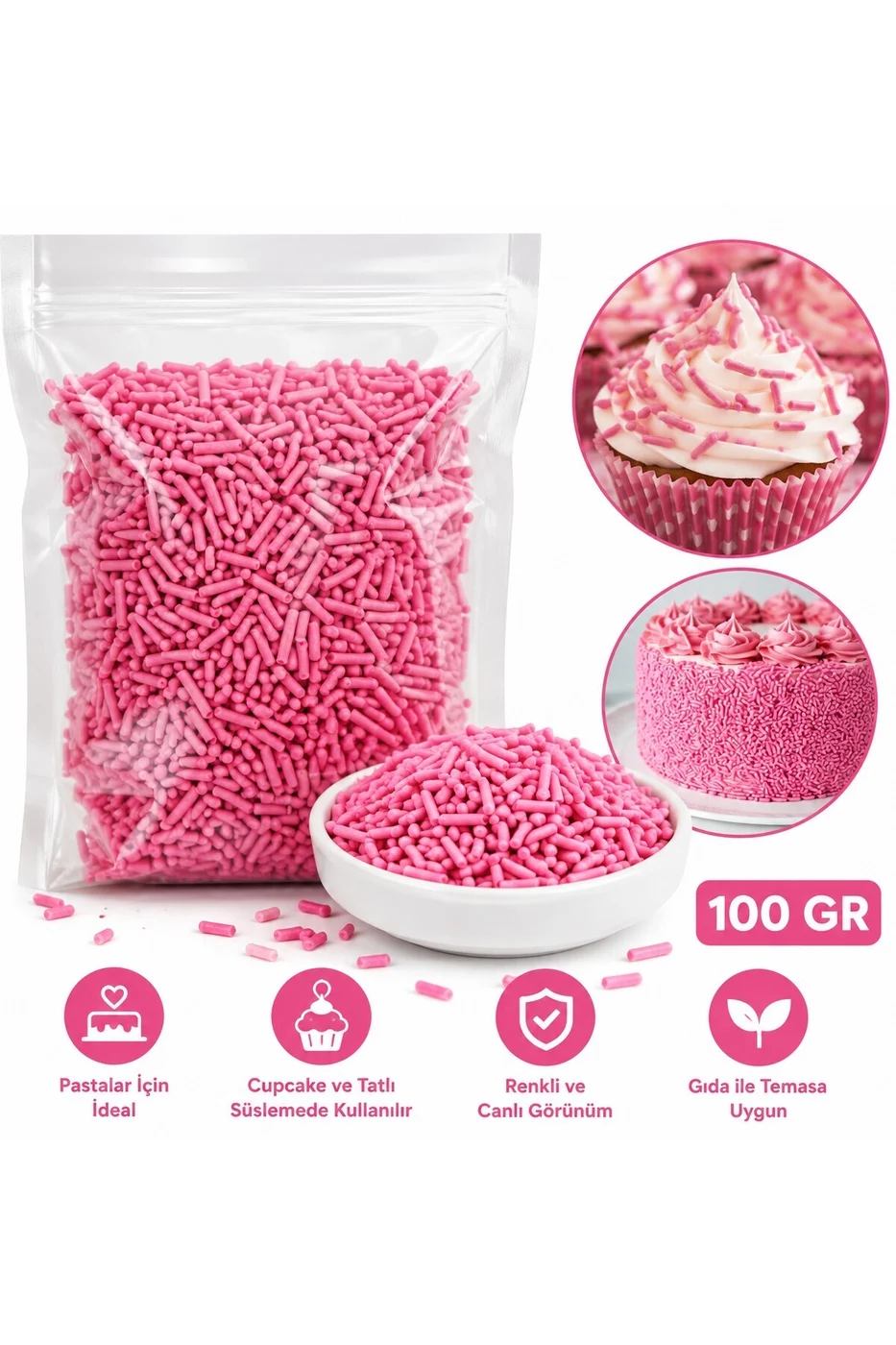 🌟 Pembe Granül Pasta Süsü 200 Gr | Pasta, Cupcake, Donut, Kurabiye ve Tatlı Süsleme Şekeri
