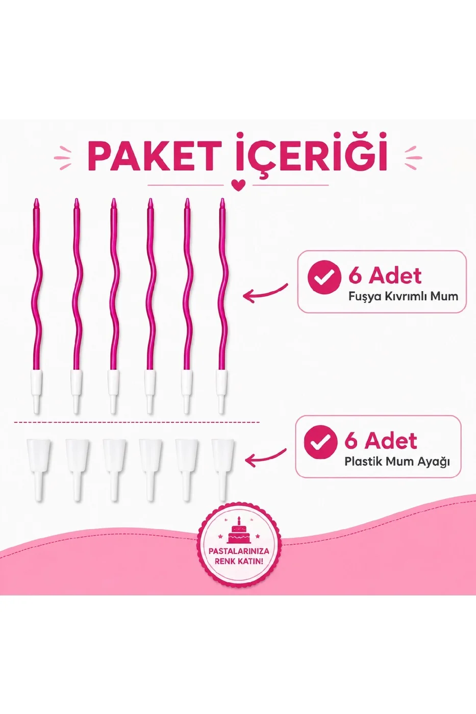 ⭐ Fuşya Kıvrımlı Doğum Günü Mumu 6 Adet – Pasta Süsleme Mum Seti gorsel 5