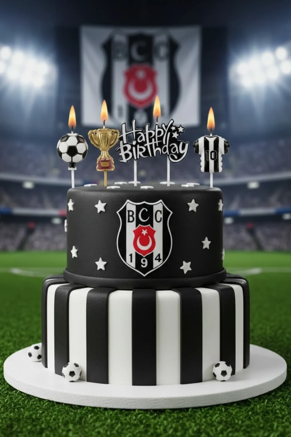 SİYAH BEYAZ FUTBOL TOPLU FORMALI HAPPY BİRTHDAY 4 LÜ MUM SETİ gorsel 2