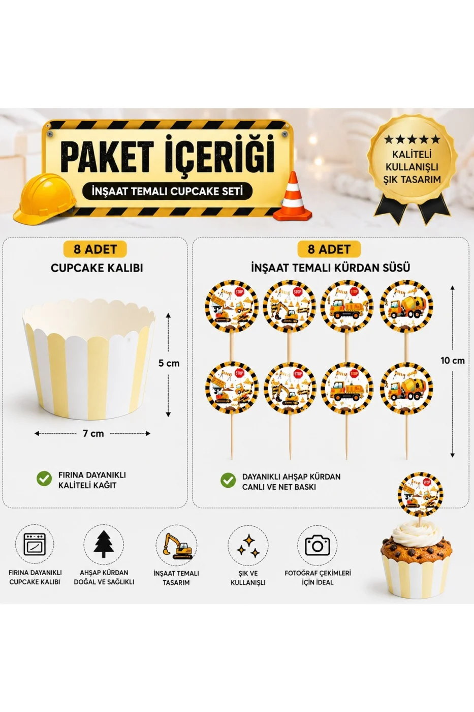 İnşaat Temalı Cupcake Seti 16 Parça – 8 Cupcake Kalıbı + 8 İş Makinesi Kürdan Süs Doğum Günü Parti Malzemesi gorsel 3