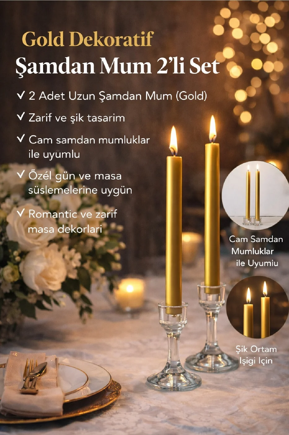 LUXE Şamdan Mum Seti 2’li Gold / Ivory / Silver Dekoratif Uzun Şamdan Mum gorsel 2