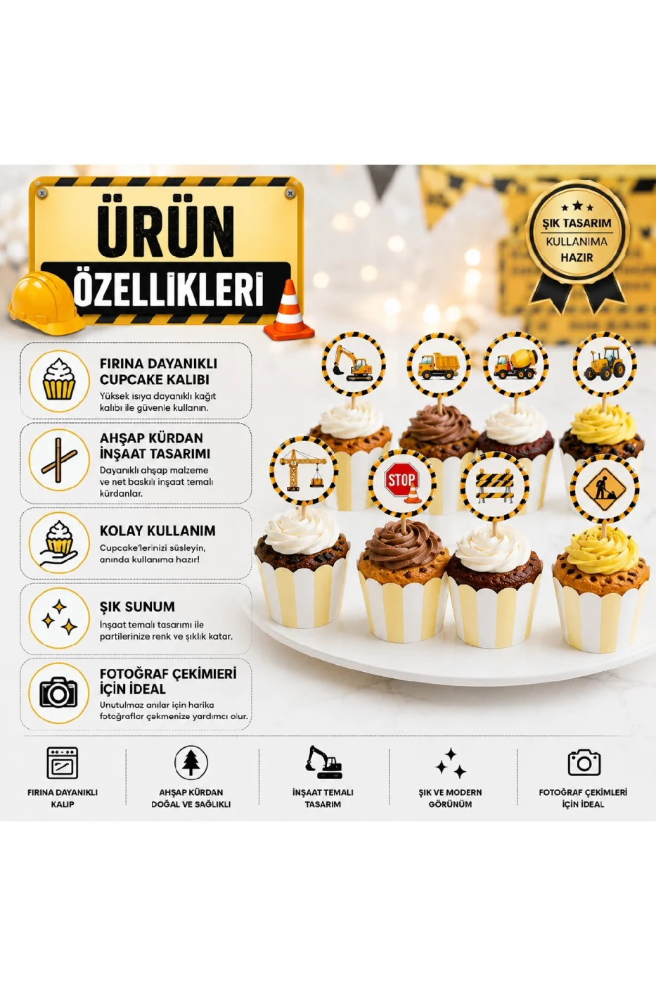 İnşaat Temalı Cupcake Seti 16 Parça – 8 Cupcake Kalıbı + 8 İş Makinesi Kürdan Süs Doğum Günü Parti Malzemesi gorsel 6
