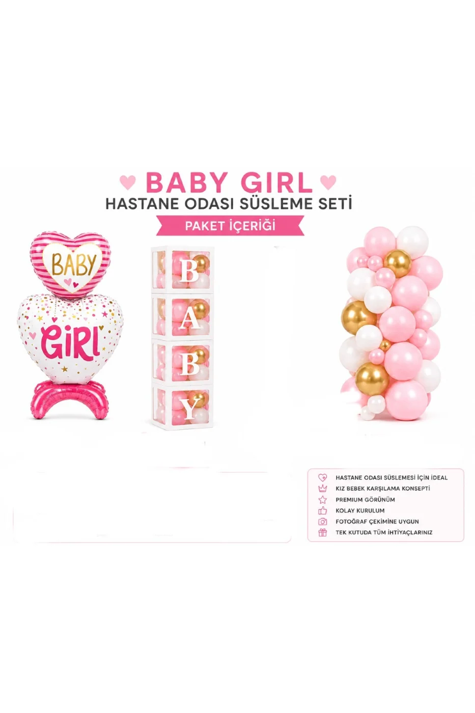 Baby Girl Hastane Odası Süsleme Seti – Hoş Geldin Bebek Kız Balon Dekorasyon Seti | BABY Kutu, Balon Standı ve Balon Zinciri gorsel 4