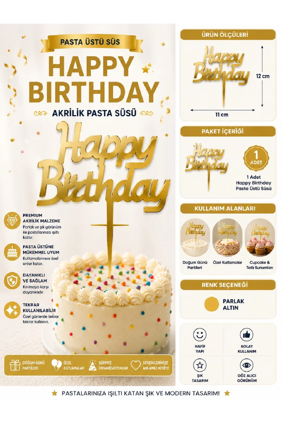 İyiki Doğdun ve Happy Birthday Pasta Üstü Süsü Yazısı Akrilik Parlak Doğum Günü Pasta Yazısı Topper 11x12 cm Doğum Günü Parti Pastası Dekoru