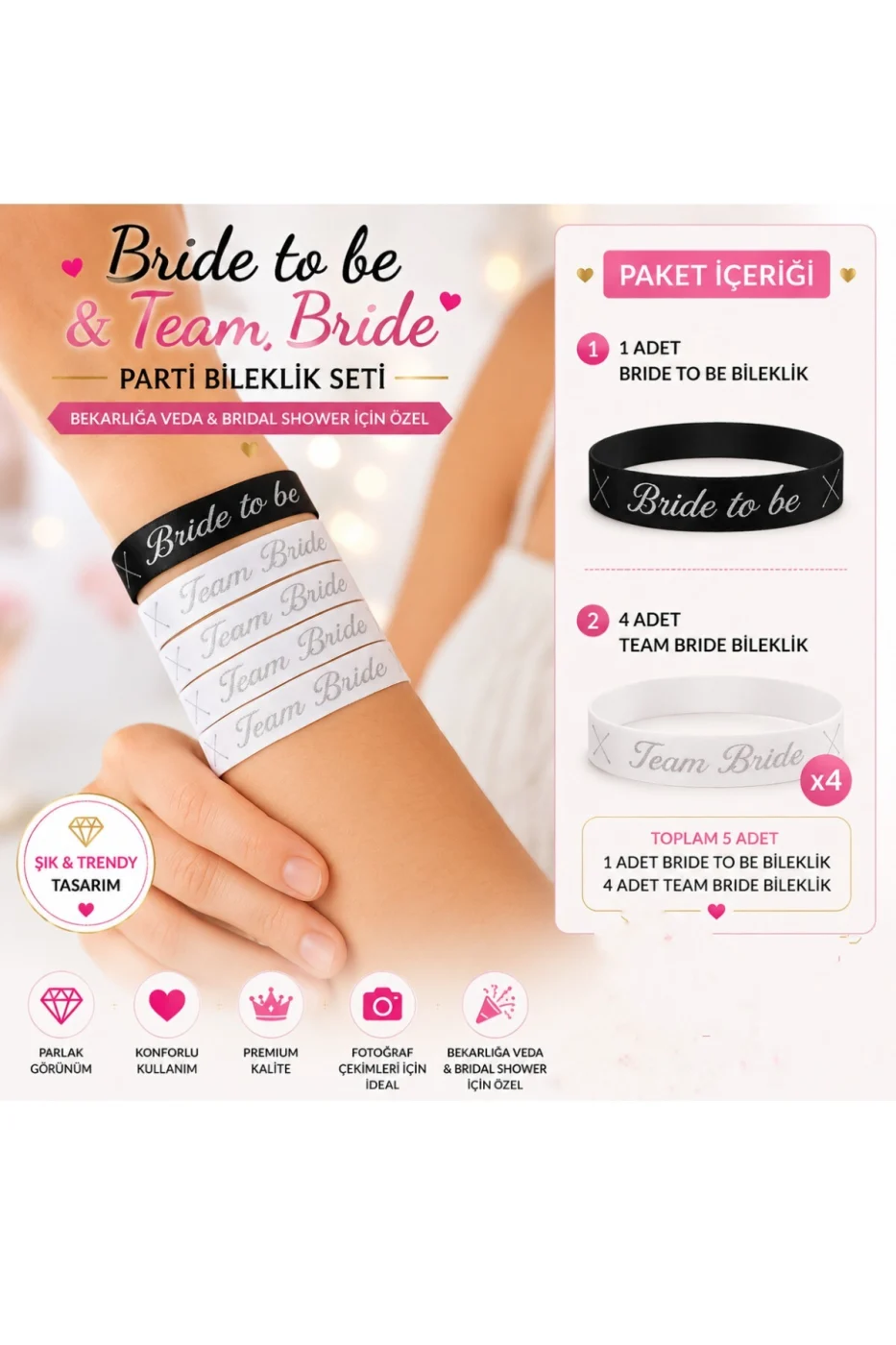 Bride To Be Bileklik Seti 5'li | 1 Bride To Be + 4 Team Bride | Bekarlığa Veda & Bridal Shower Parti Aksesuarı
