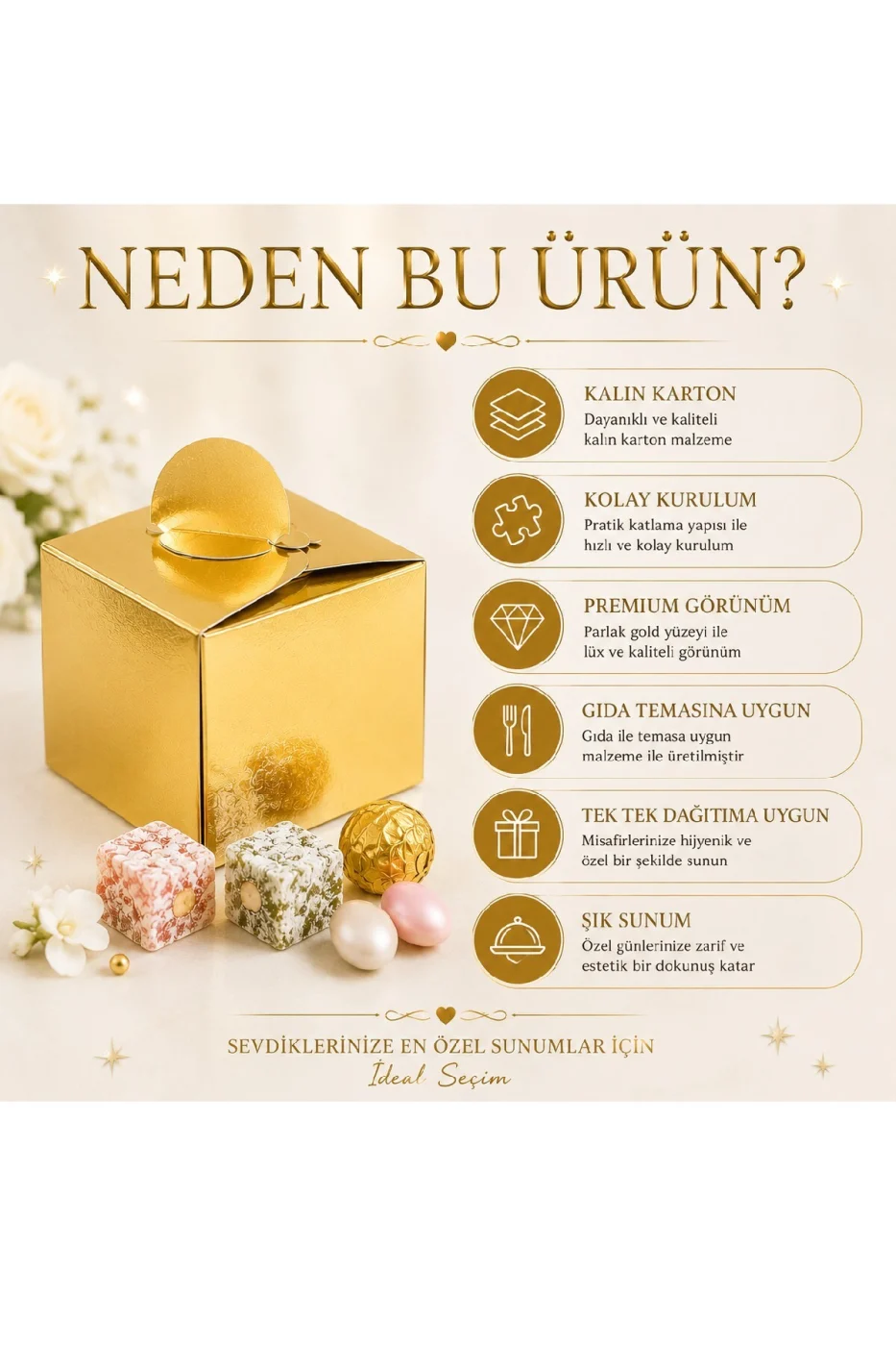 25 Adet Gold Gümüş Lokumluk Kutusu | Söz Nişan Düğün Mevlit Hediyelik Karton Lokum Kutusu | Premium Gold Gümüş gorsel 3
