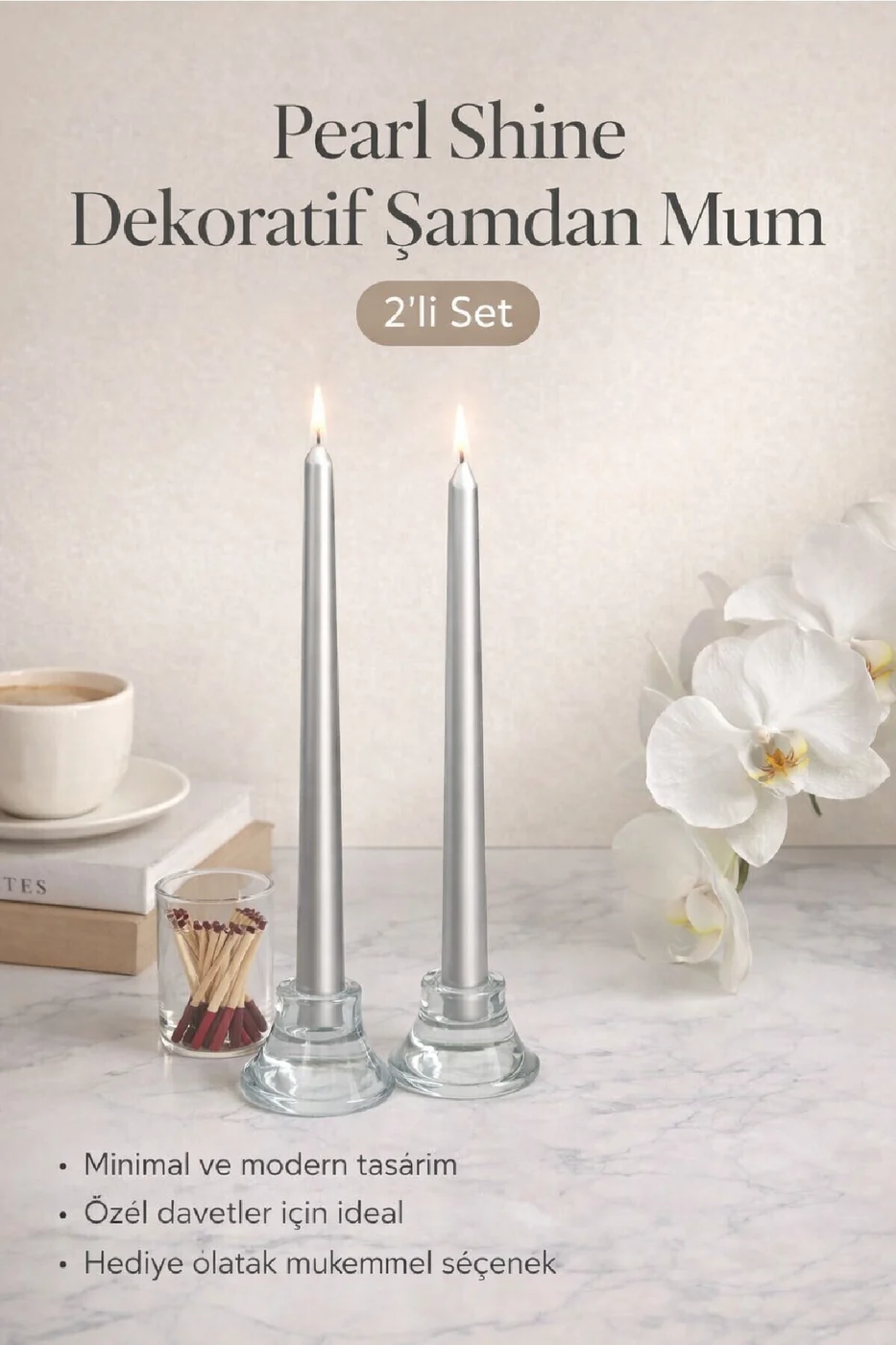 LUXE Şamdan Mum Seti 2’li Gold / Ivory / Silver Dekoratif Uzun Şamdan Mum