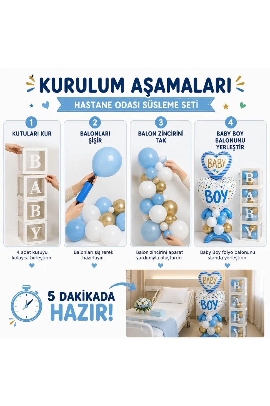 Baby Boy Hastane Odası Süsleme Seti - Balon Standlı Erkek Bebek Hastane Karşılama Dekorasyon Seti - 4'lü BABY Kutu, Balon Zinciri, Folyo Balon gorsel 3