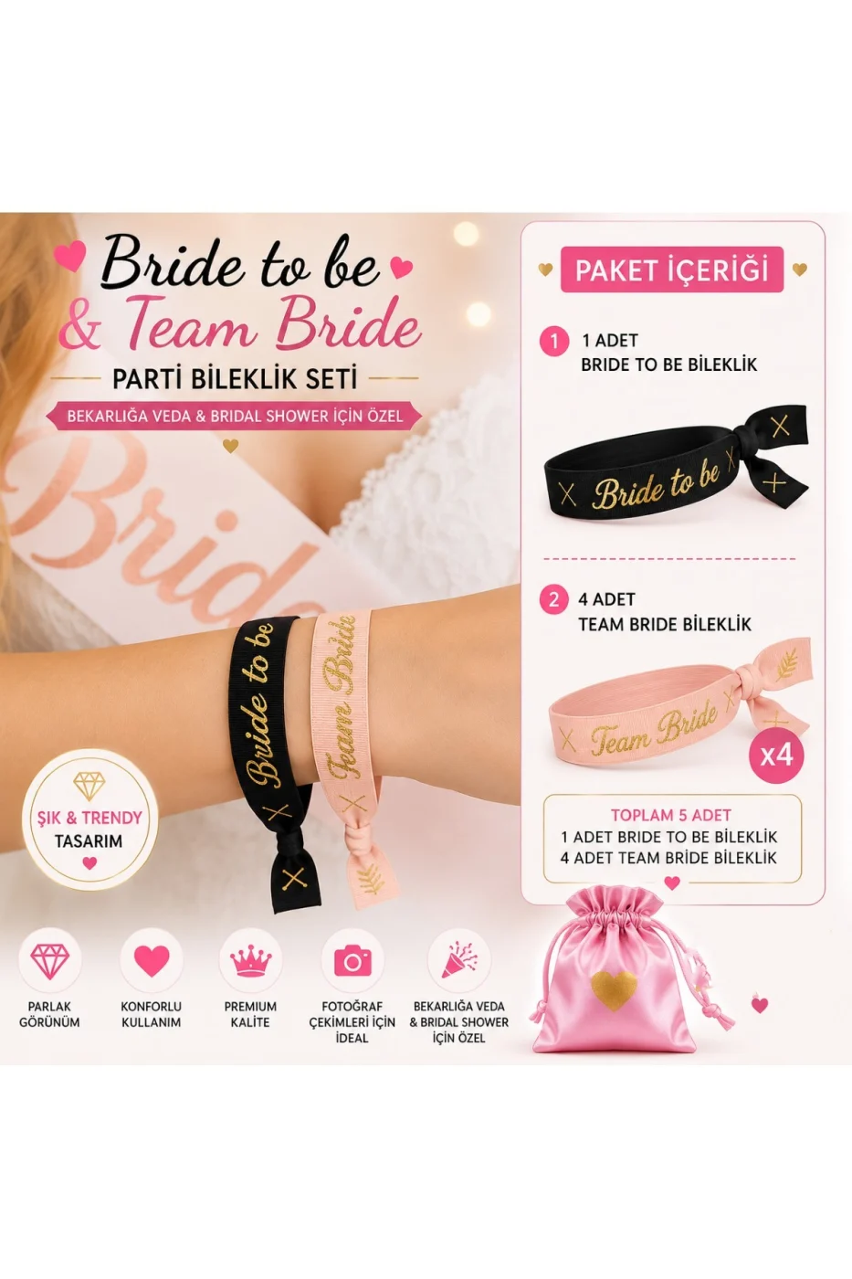 Bride To Be Bileklik Seti 5'li | 1 Bride To Be + 4 Team Bride | Bekarlığa Veda & Bridal Shower Parti Aksesuarı gorsel 2