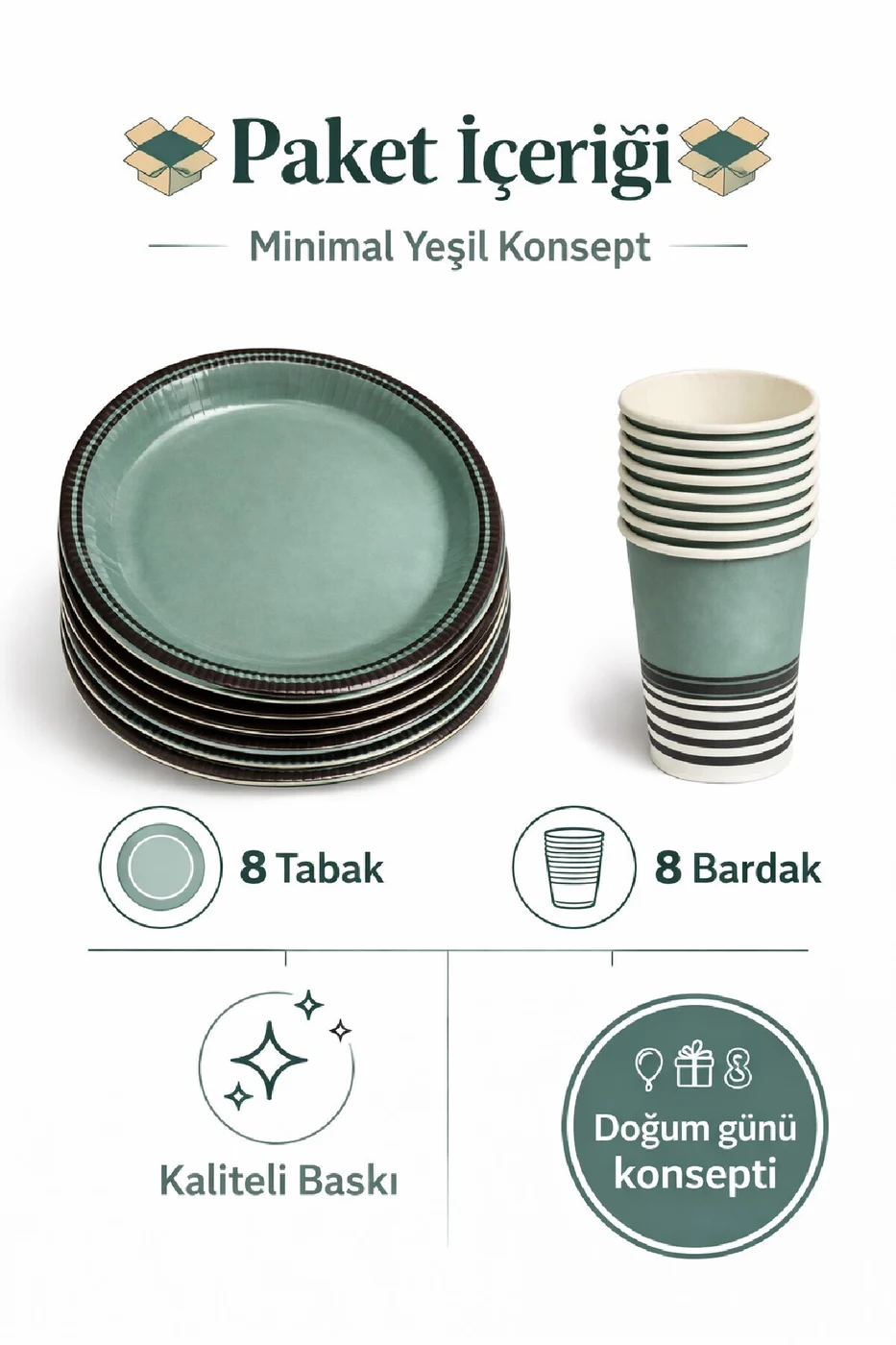 Retro Elegant Yeşil Parti Seti – 8 Tabak 8 Bardak gorsel 2
