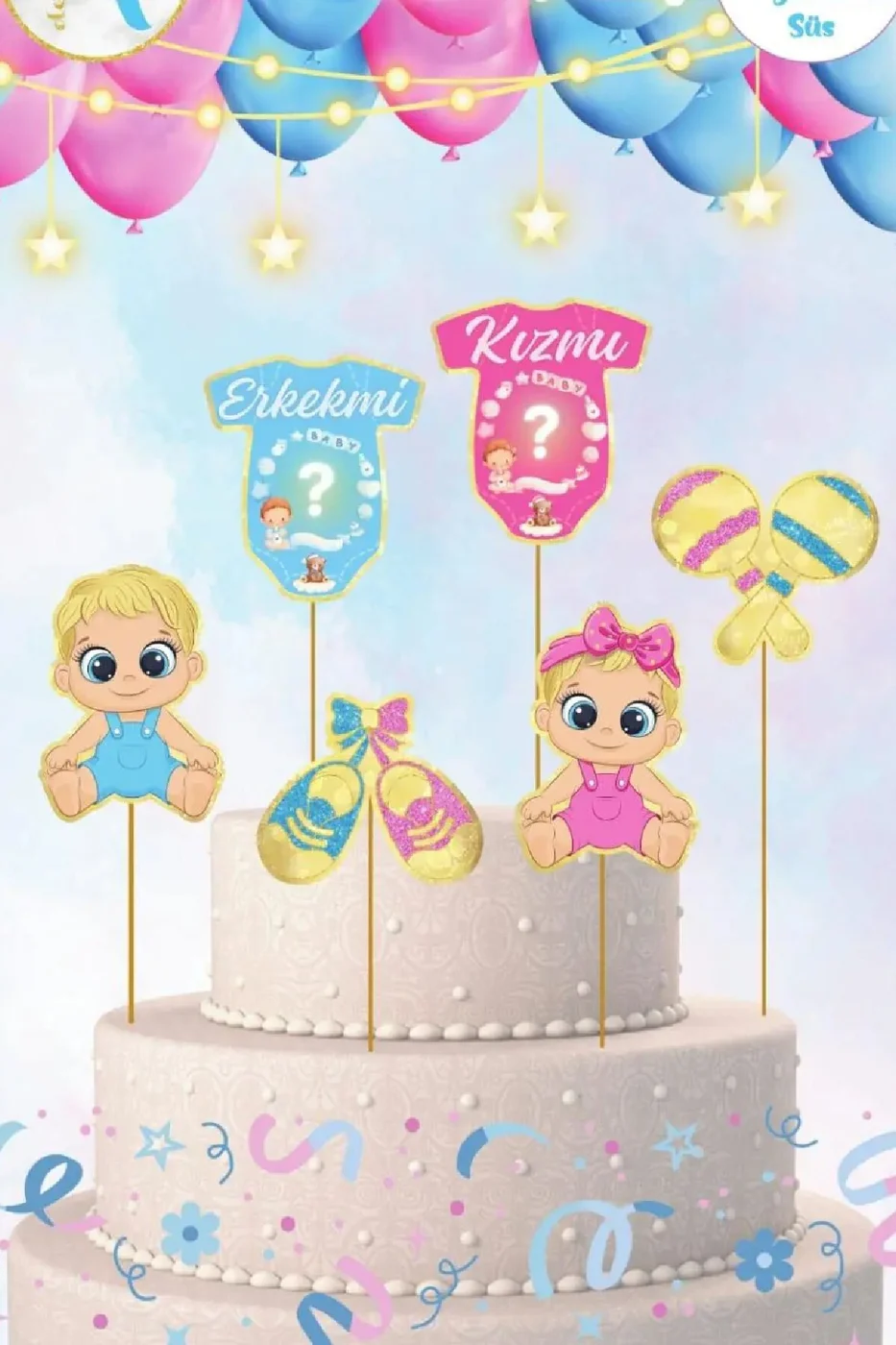 6 adet, Cinsiyet Temalı Doğum Günü Pasta Süsü Cinsiyet Baby Pasta Süsü gorsel 3