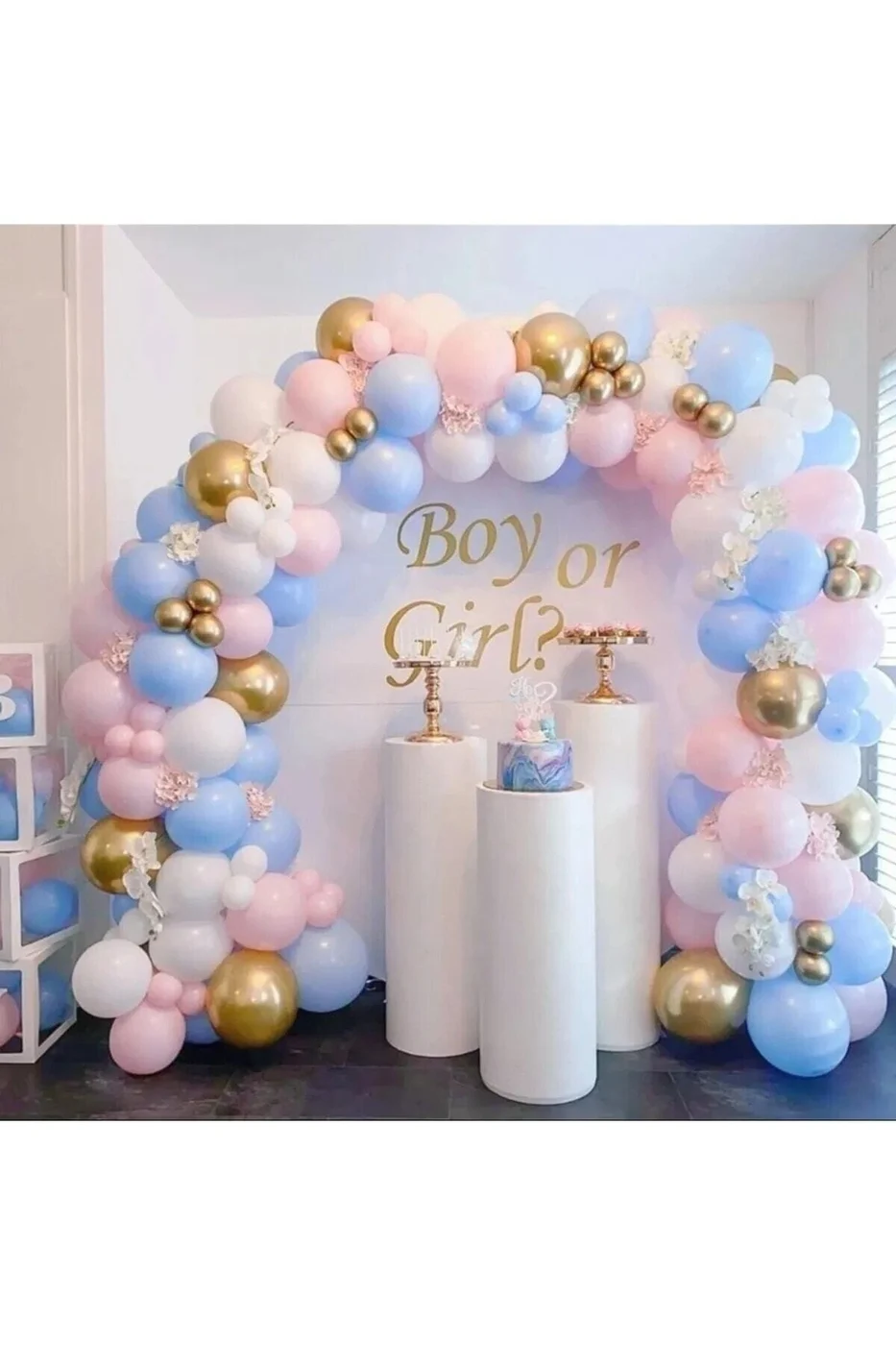 80 Balonlu Makaron Beyaz Pembe Mavi Altın Balon Kemer Kiti