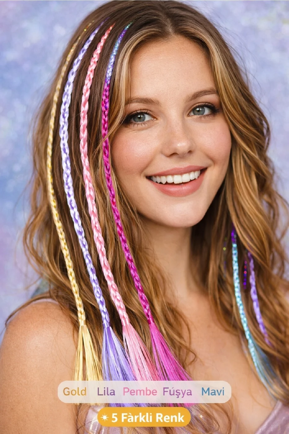 Renkli Saç Simi Seti (5’li) Hair Tinsel Parlak Saç Aksesuarı