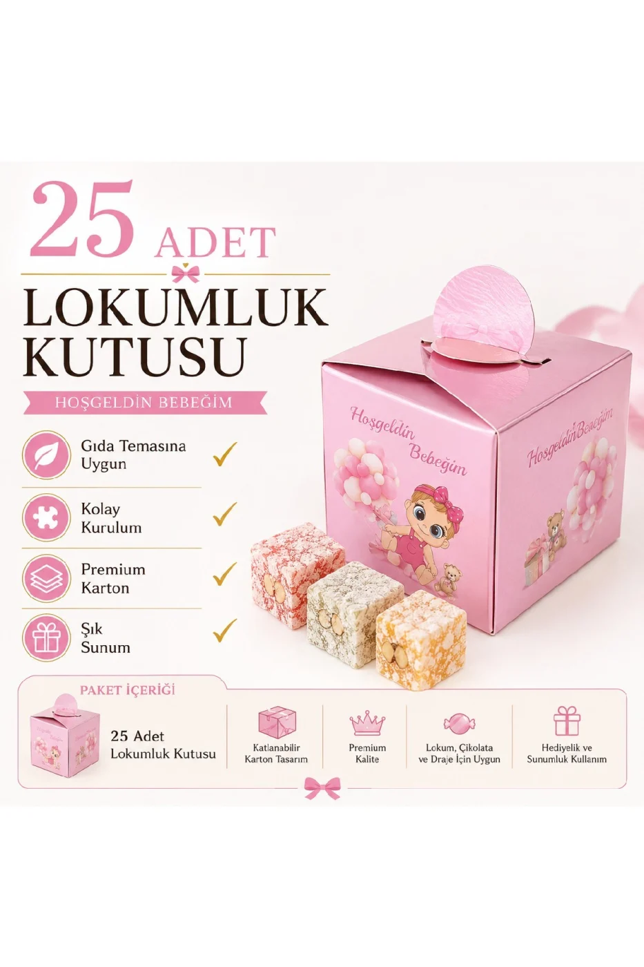 25 Adet Hoş Geldin Bebeğim Lokum Kutusu | Baby Shower Pembe Hediyelik Şeker Kutusu | Premium Karton