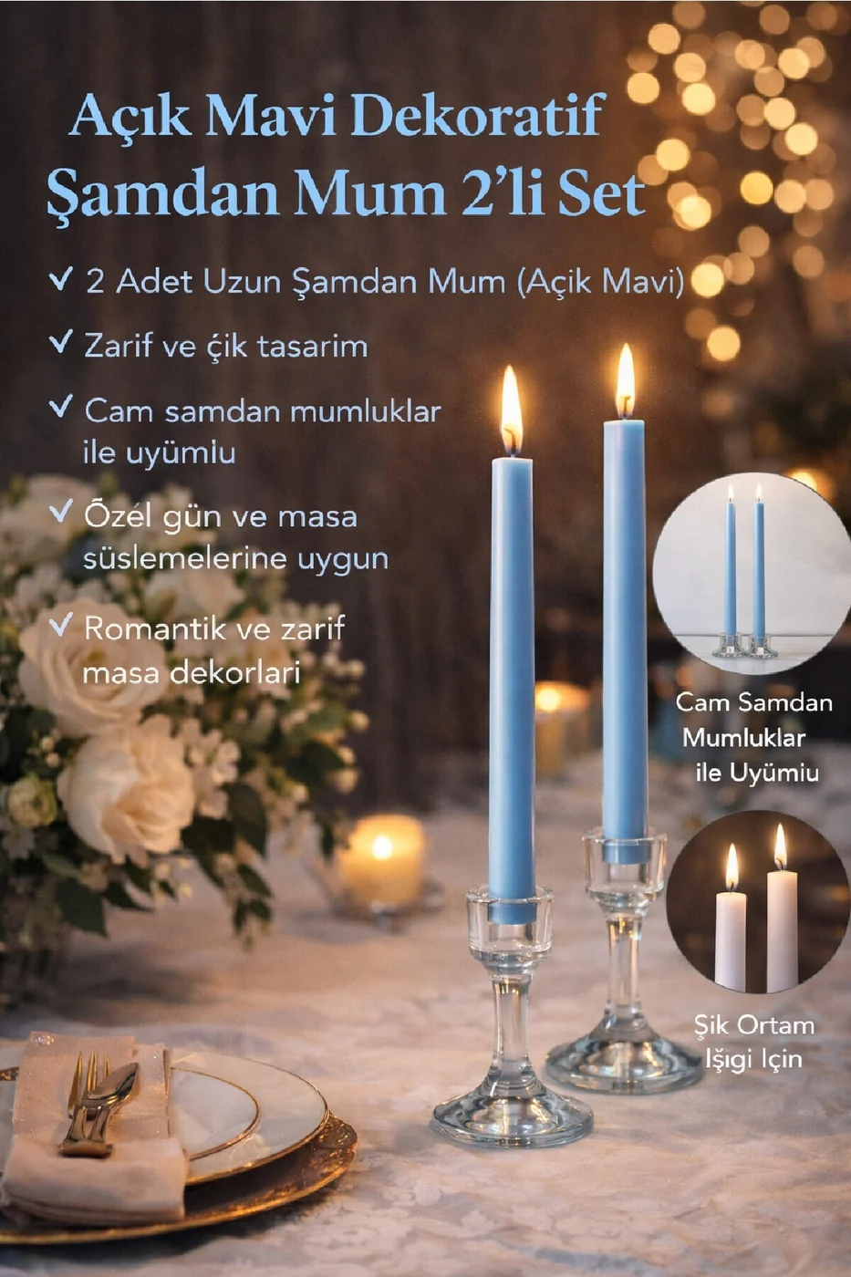 LUXE Şamdan Mum Seti 2’li Gold / Ivory / Silver Dekoratif Uzun Şamdan Mum gorsel 2