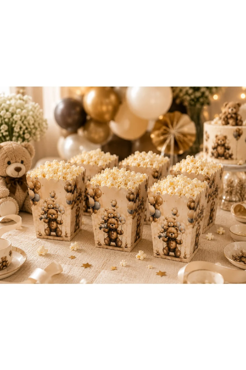 Ayıcık Temalı Mısır Kutusu 8 Adet | Teddy Bear Popcorn Kutusu | Doğum Günü Baby Shower Parti Sunum Kutusu gorsel 6