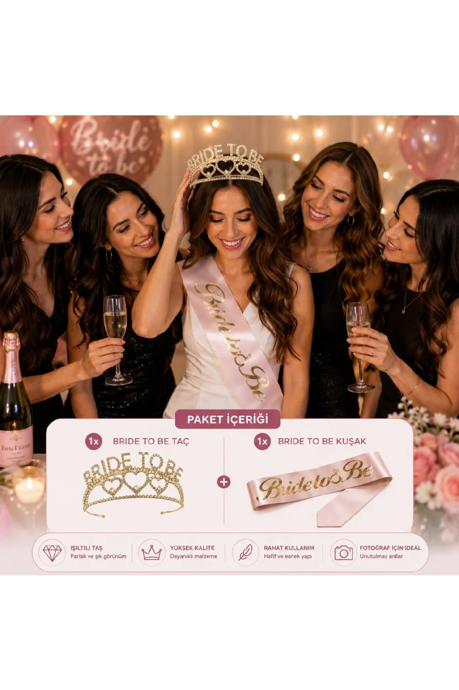 Gold Bride To Be Taç ve Kuşak Seti Bekarlığa Veda Partisi Gelin Tacı Kuşağı gorsel 4