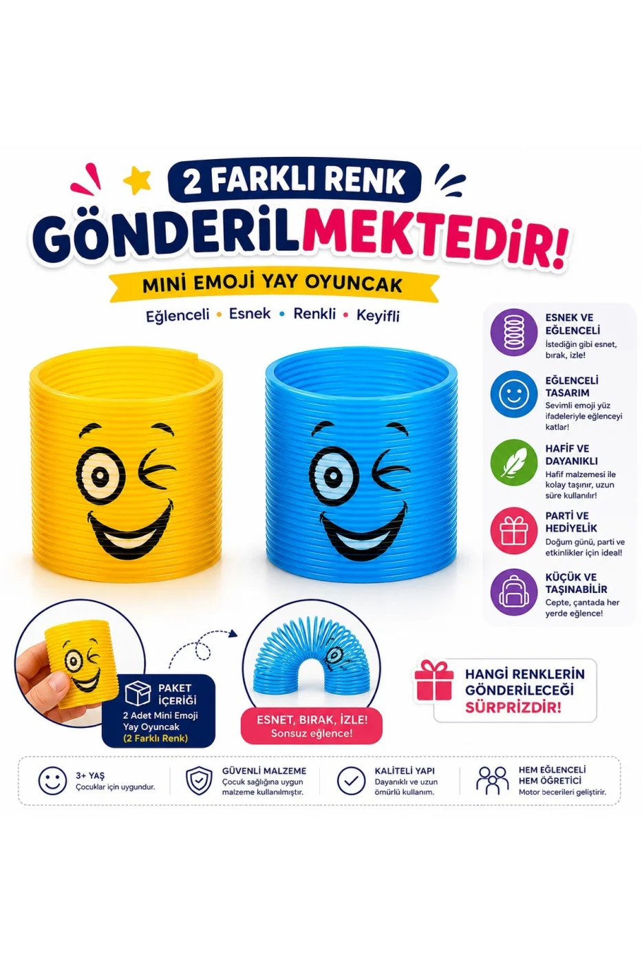Mini Emoji Yay Oyuncak 2'li | Renkli Esnek Slinky Yay | Çocuk Oyuncağı | Parti Hediyeliği | Stres Oyuncağı
