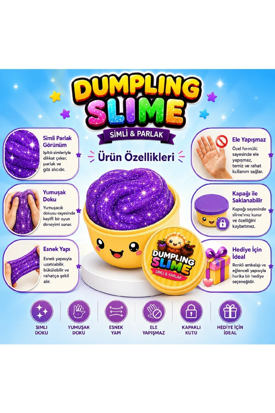 Çin mantısı Slime Simli Oyun Hamuru Tekli | Glitter Slime | Esnek Yumuşak Doku | Kapaklı Kutu | 6 Renk Seçeneği gorsel 3