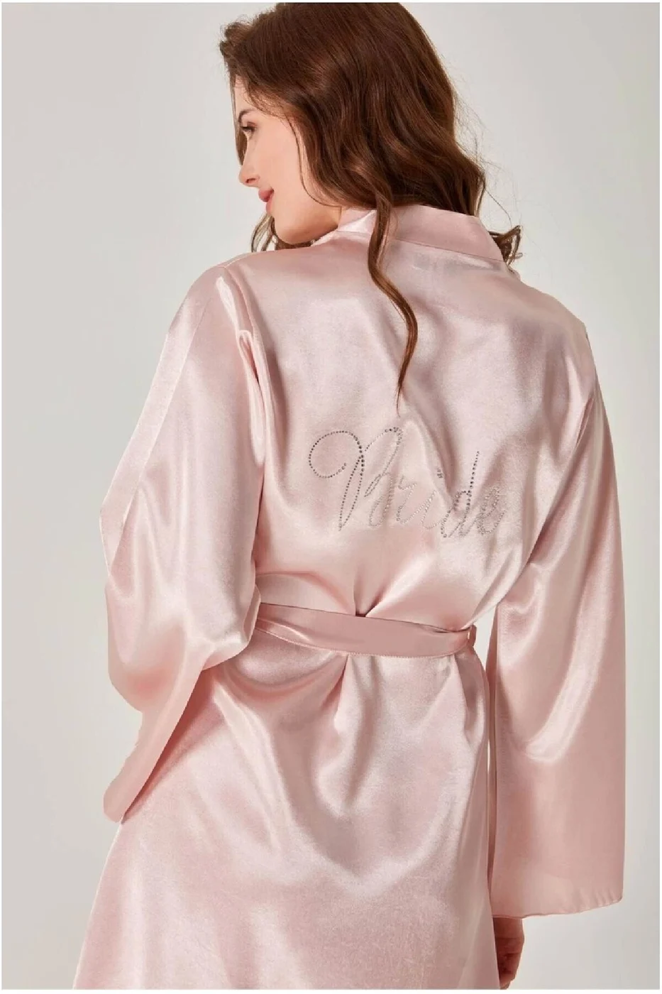 Kadın Gelin Pudra Gümüş Mini Kuşaklı Şık Taşlı Bride Sabahlık gorsel 3