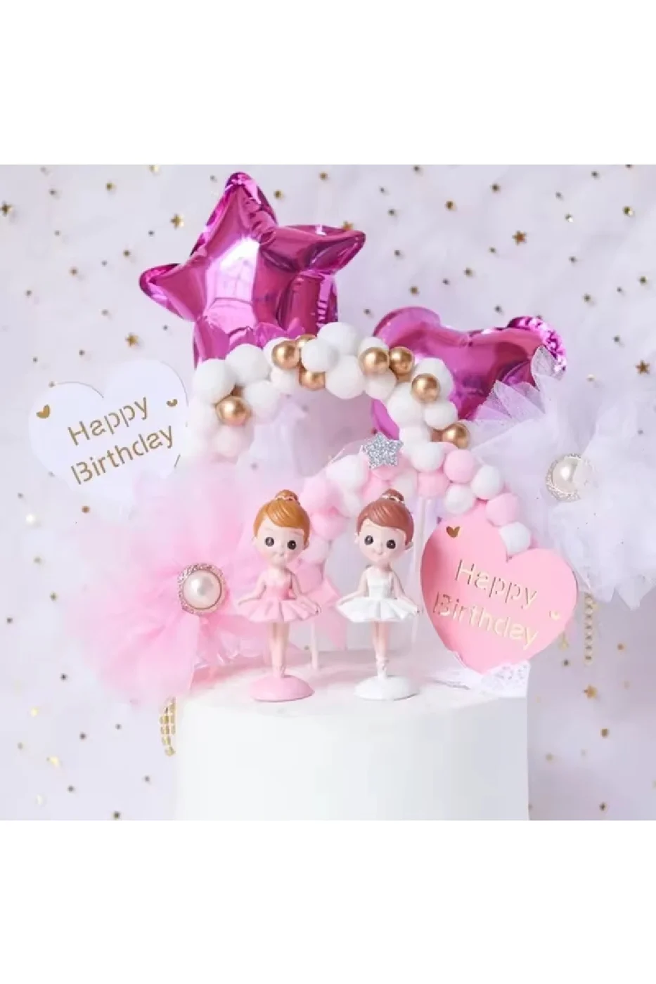 Pasta Kek Dekorasyon Pembe Beyaz Tüy Topu Kemer Balon Kek Toppers Doğum Günü Partisi Dekor Süsü gorsel 5