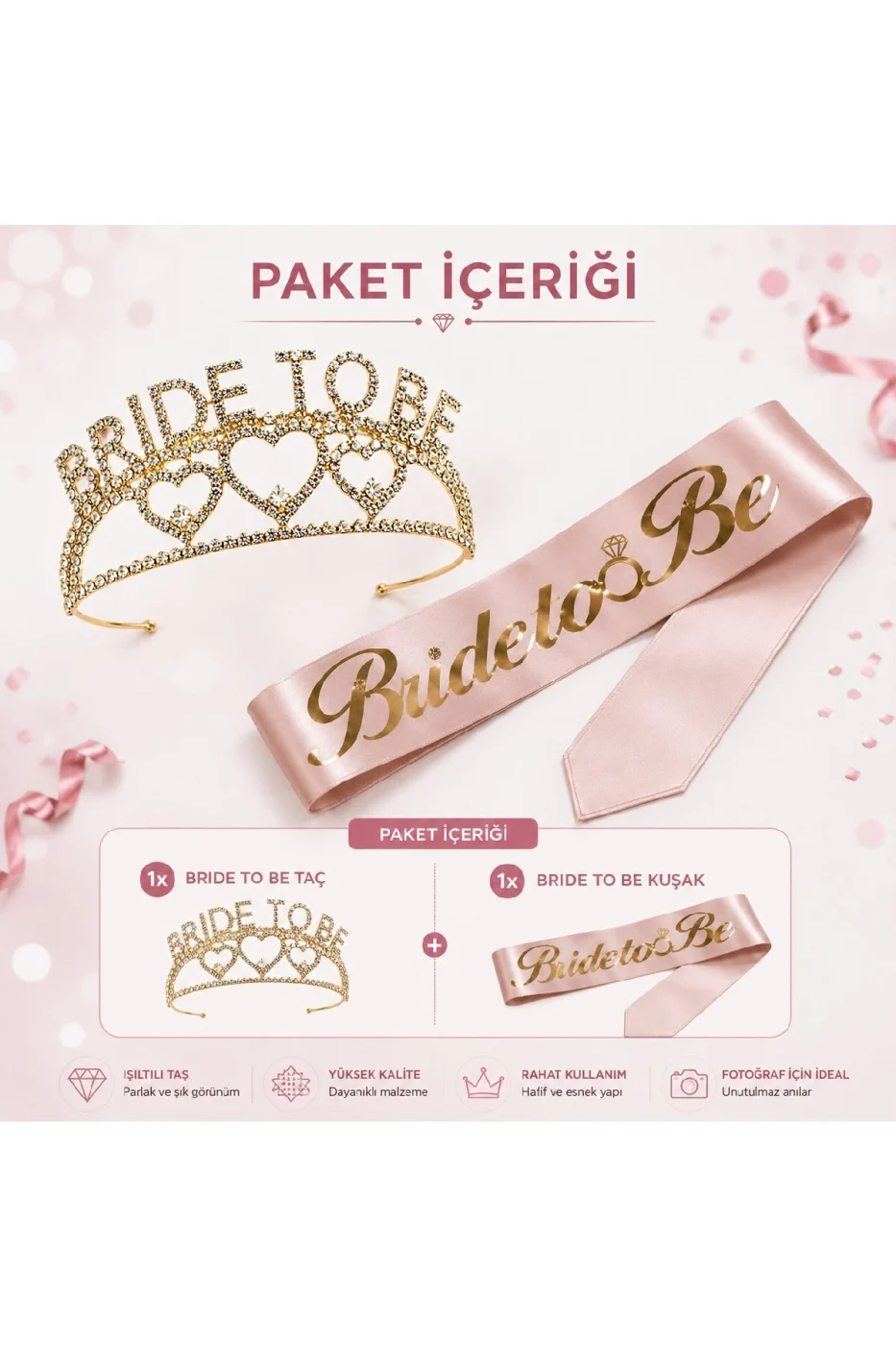 Gold Bride To Be Taç ve Kuşak Seti Bekarlığa Veda Partisi Gelin Tacı Kuşağı gorsel 3