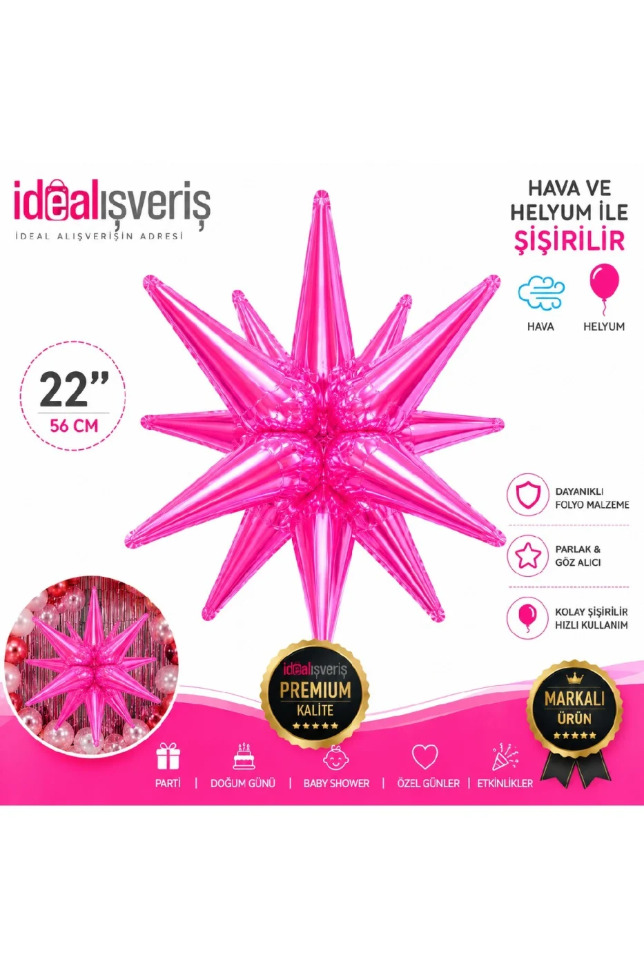 22 İnç Holografik 3D Kutup Yıldız Folyo Balon Neon (Renk) Parti Süsü Helyum Uyumlu 56 cm gorsel 3