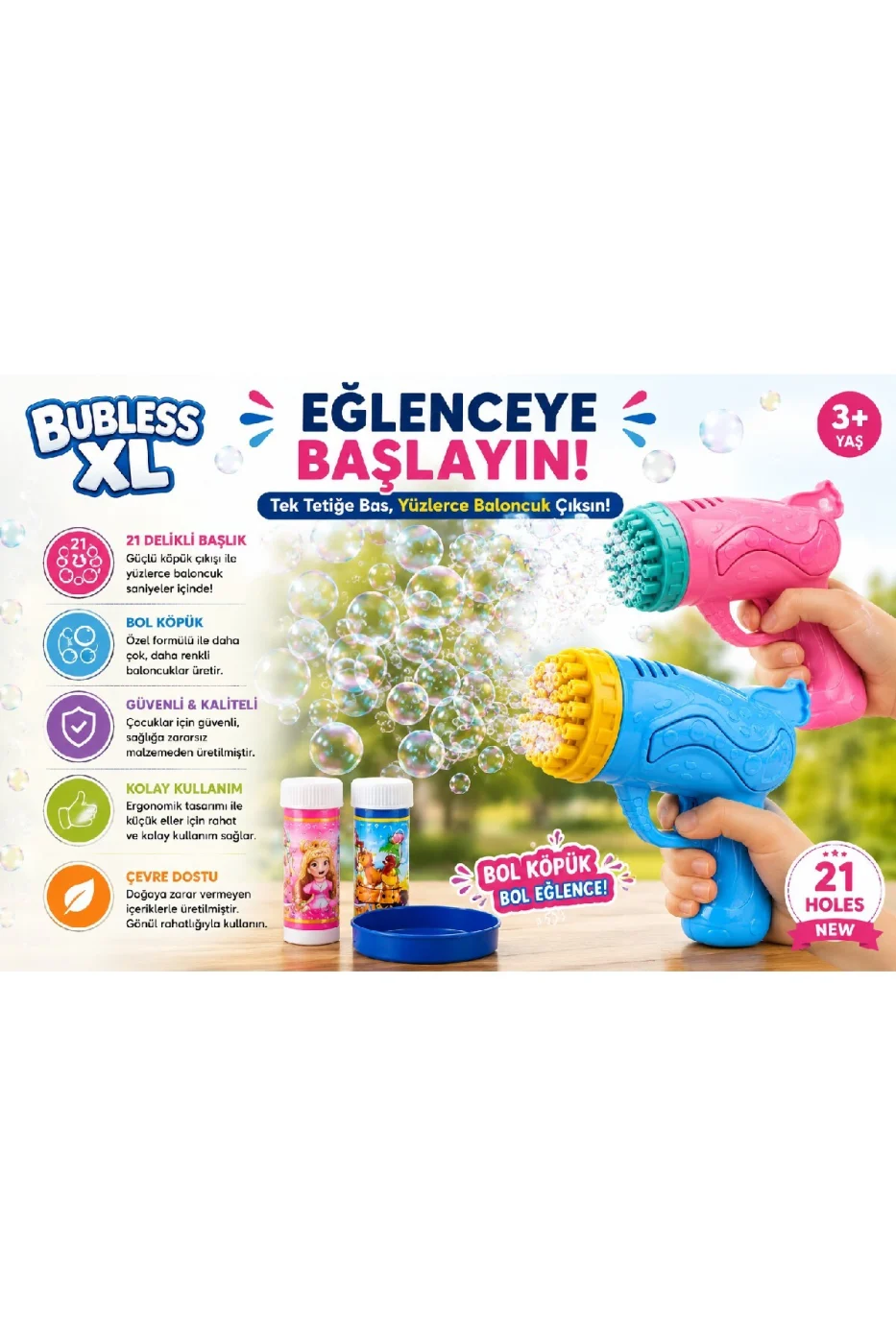 🥇 21 Delikli XL Köpük Baloncuk Tabancası Bubble Gun Çocuk Oyuncağı Baloncuk Makinesi