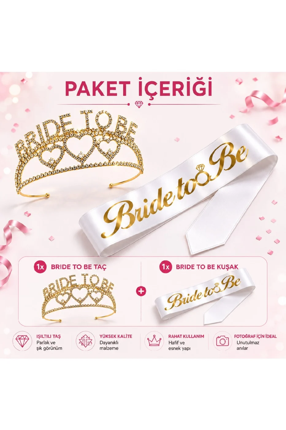 Gold Bride To Be Taç ve Kuşak Seti Bekarlığa Veda Partisi Gelin Tacı Kuşağı gorsel 3