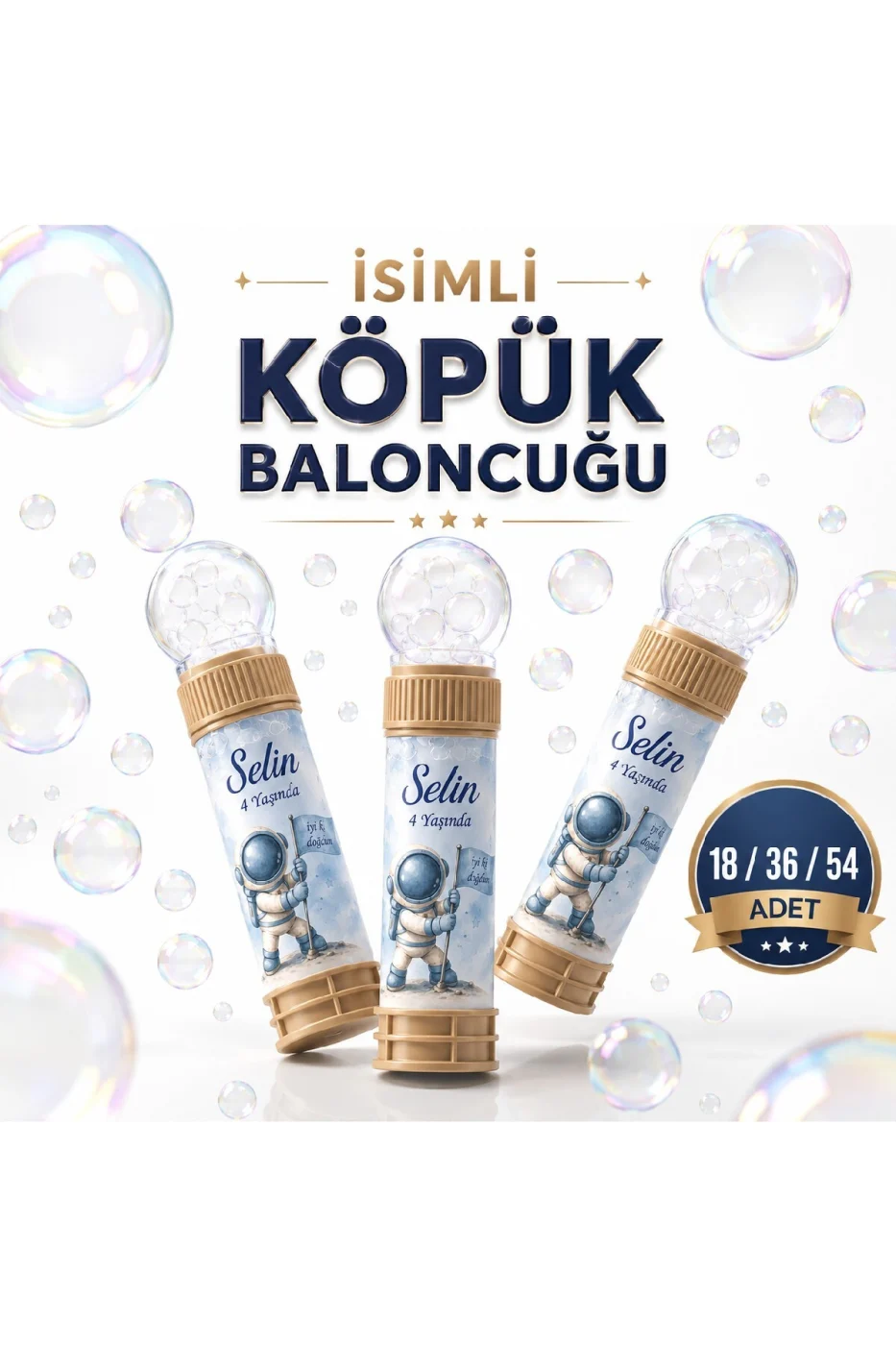 Kişiye Özel İsim Baskılı Uzay Temalı Köpük Baloncuk Bubble Oyuncağı Çocuk Doğum Günü Parti Hediyeliği 18'li 36'lı 54'lü Set