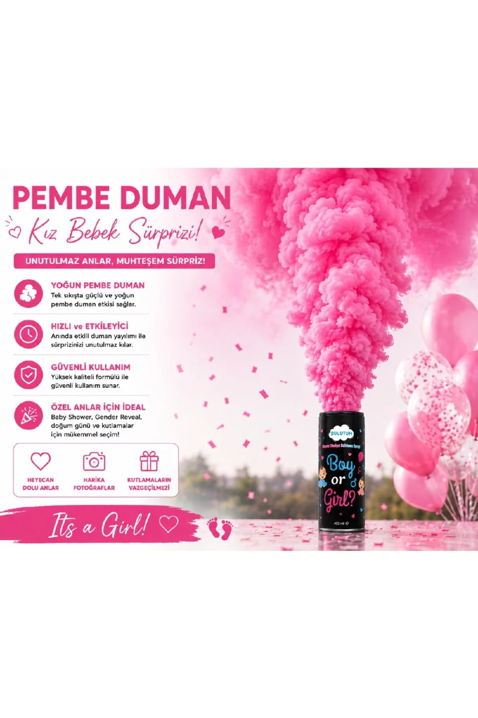 Cinsiyet Belirleme Duman Tüpü 400 ml Mavi & Pembe Gender Reveal Baby Shower Yoğun Duman Efekti gorsel 5