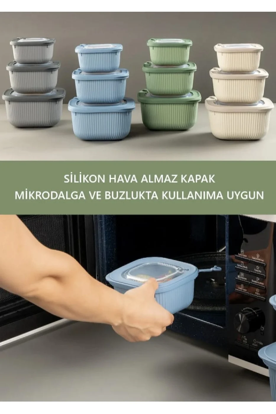 3'LÜ LİNE KARE SLİKON KAPAK HAVA ALMAZ MİKRODALGA VE BUZLUK SAKLAMA KABI SETİ gorsel 3