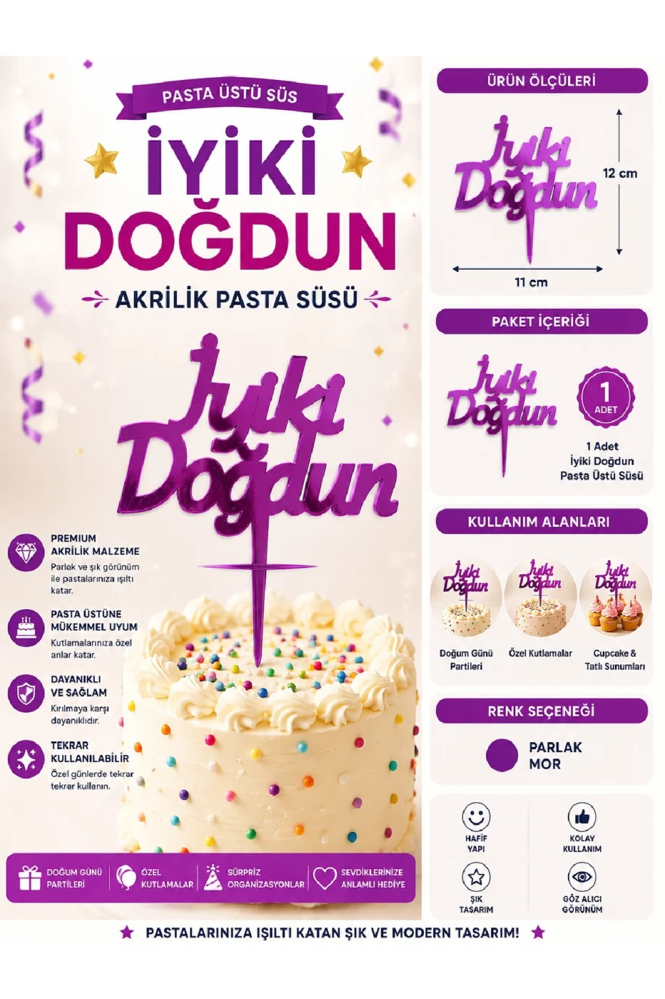 İyiki Doğdun ve Happy Birthday Pasta Üstü Süsü Yazısı Akrilik Parlak Doğum Günü Pasta Yazısı Topper 11x12 cm Doğum Günü Parti Pastası Dekoru gorsel 2