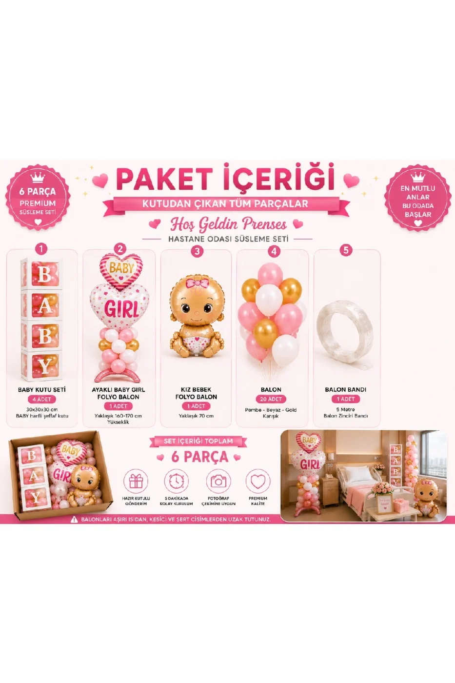 Hoş Geldin Bebek Hastane Odası Süsleme Seti | Erkek & Kız Bebek Dekorasyon Seti | BABY Kutu Seti, Baby Boy/Girl Balon, Bebek Folyo, Balon Zinciri | Premium Fotoğraf Çekim Konsepti gorsel 5