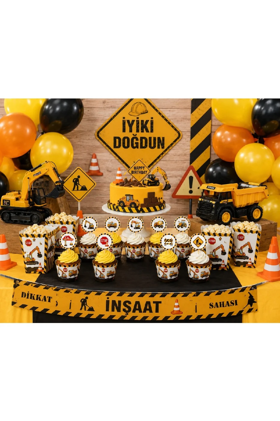 İnşaat Temalı Cupcake Sargısı ve Kürdan Seti 8'li İş Makinesi Doğum Günü Parti Süsü gorsel 4