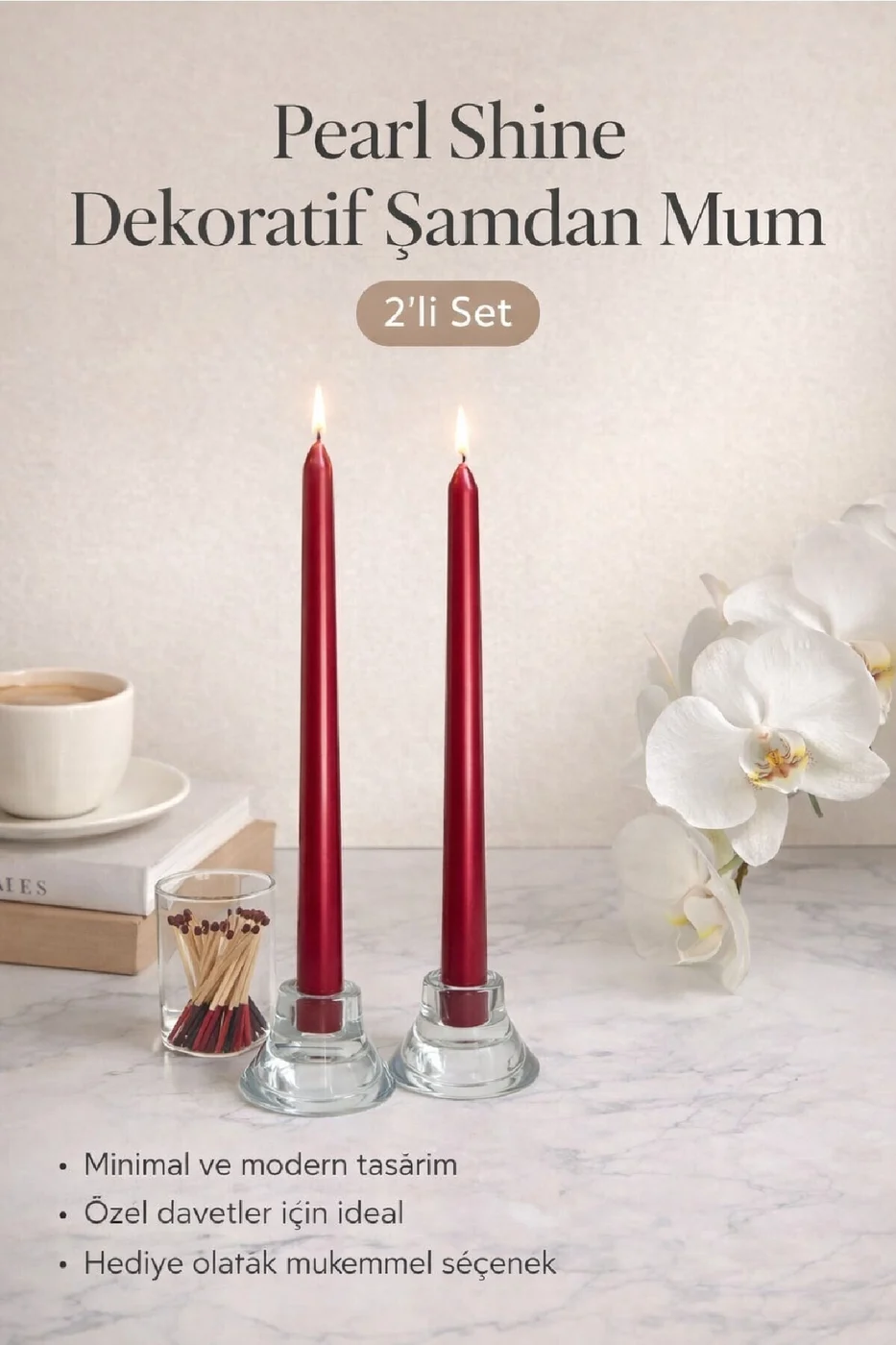 LUXE Şamdan Mum Seti 2’li Gold / Ivory / Silver Dekoratif Uzun Şamdan Mum