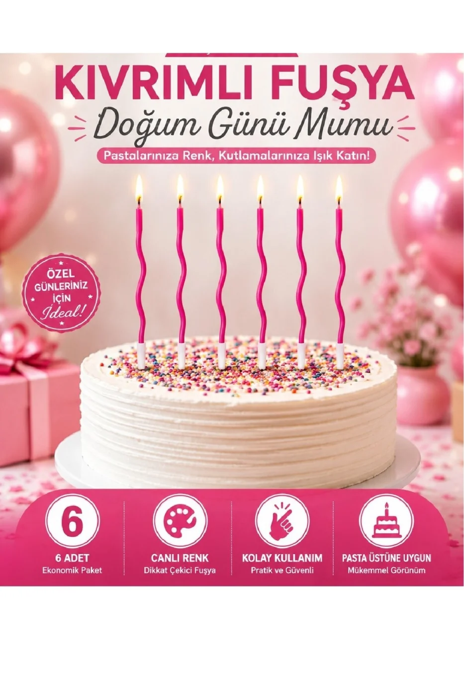 ⭐ Fuşya Kıvrımlı Doğum Günü Mumu 6 Adet – Pasta Süsleme Mum Seti gorsel 2