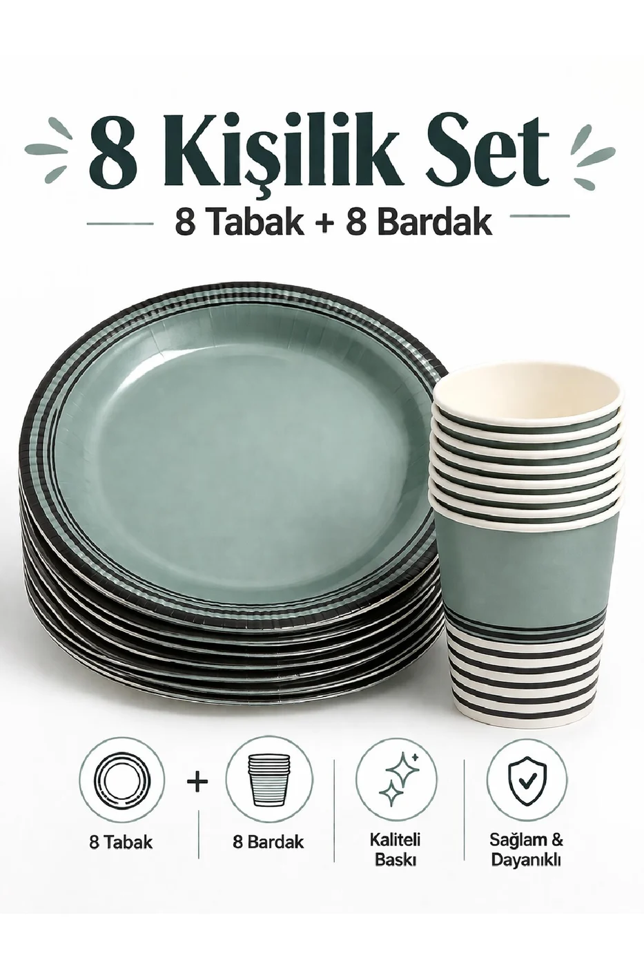 Retro Elegant Yeşil Parti Seti – 8 Tabak 8 Bardak gorsel 3