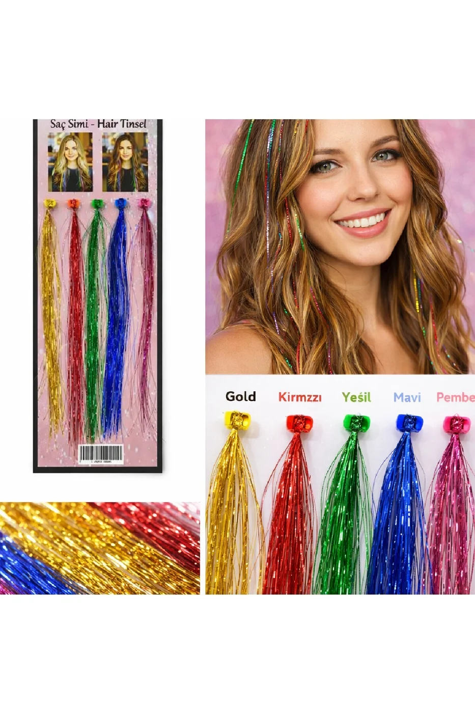Renkli Saç Simi Seti (5’li) – Hair Tinsel Parlak Saç Aksesuarı gorsel 6