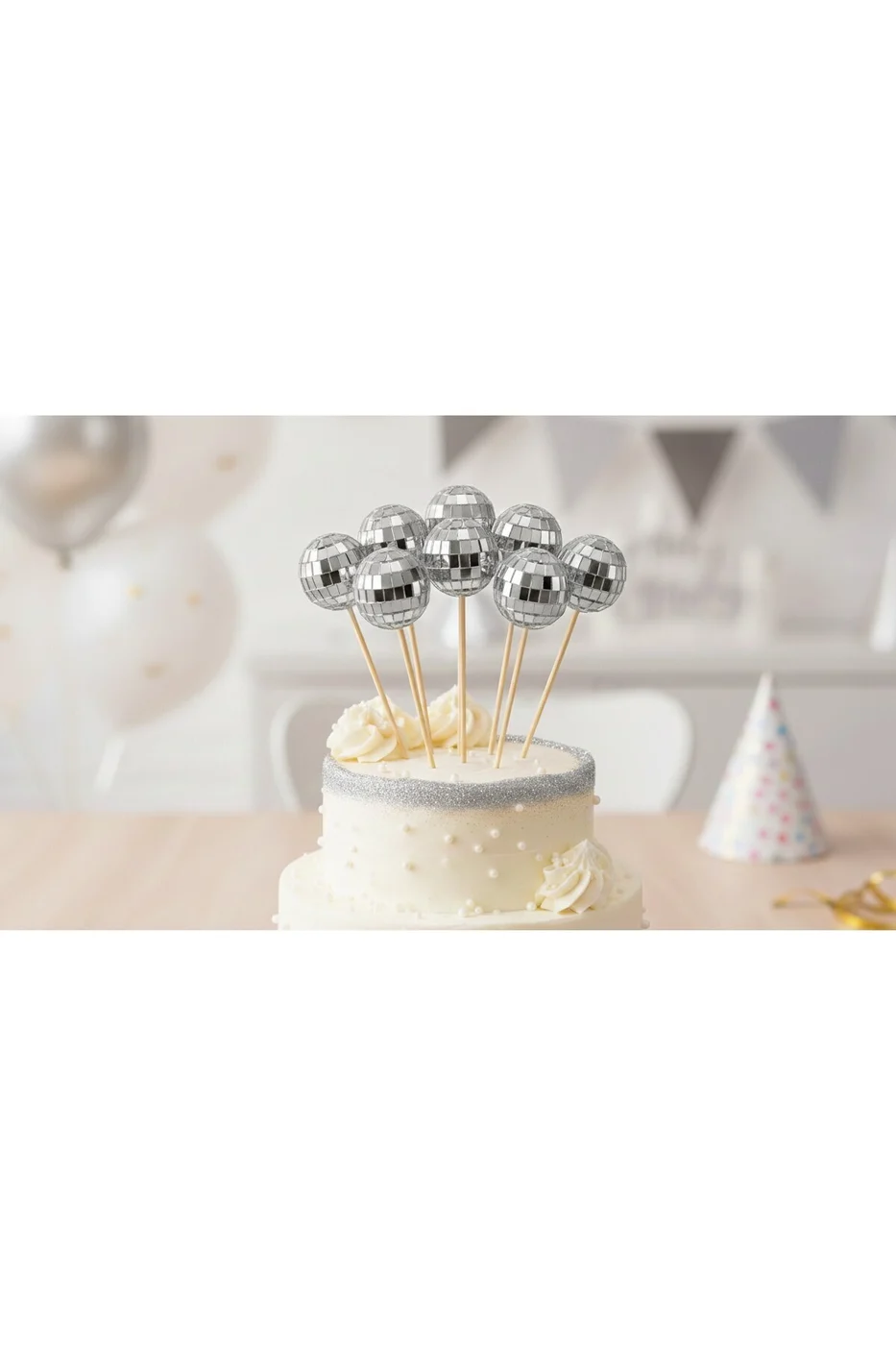 3’lü Disko Top Pasta Süsü –Gümüş Ayna Top Kürdan Seti Şık Parti Cake Topper gorsel 4