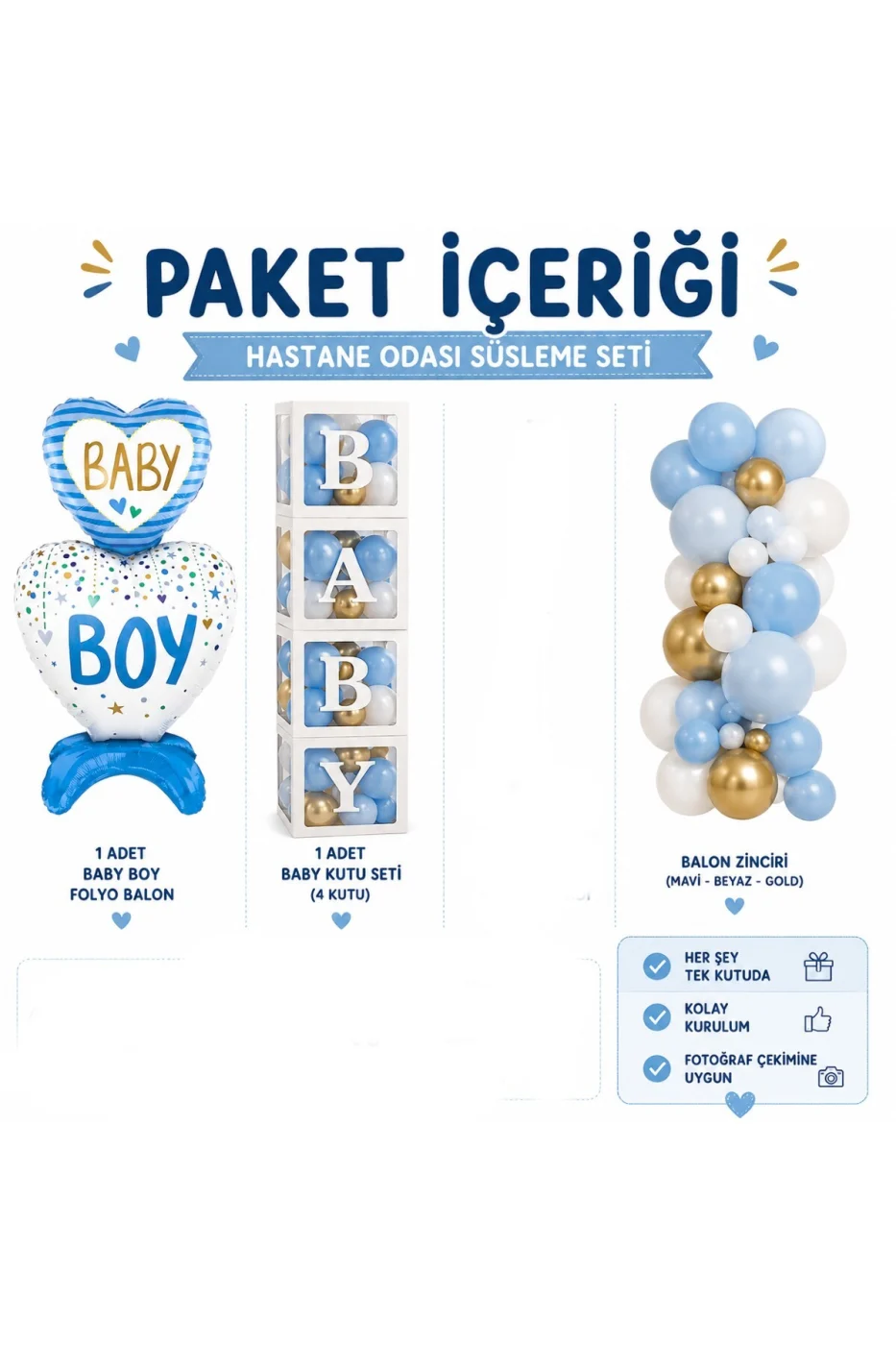 Baby Boy Hastane Odası Süsleme Seti - Balon Standlı Erkek Bebek Hastane Karşılama Dekorasyon Seti - 4'lü BABY Kutu, Balon Zinciri, Folyo Balon gorsel 2