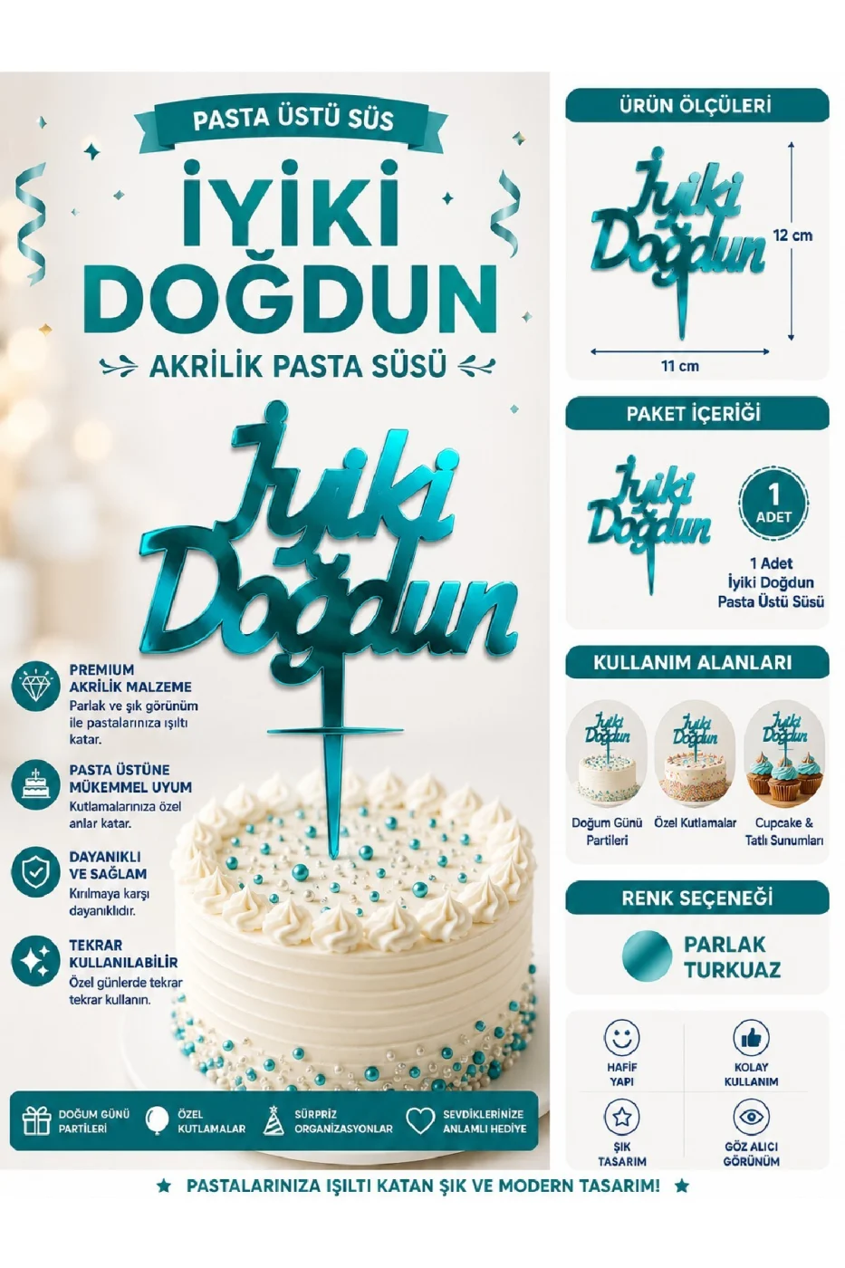 İyiki Doğdun ve Happy Birthday Pasta Üstü Süsü Yazısı Akrilik Parlak Doğum Günü Pasta Yazısı Topper 11x12 cm Doğum Günü Parti Pastası Dekoru
