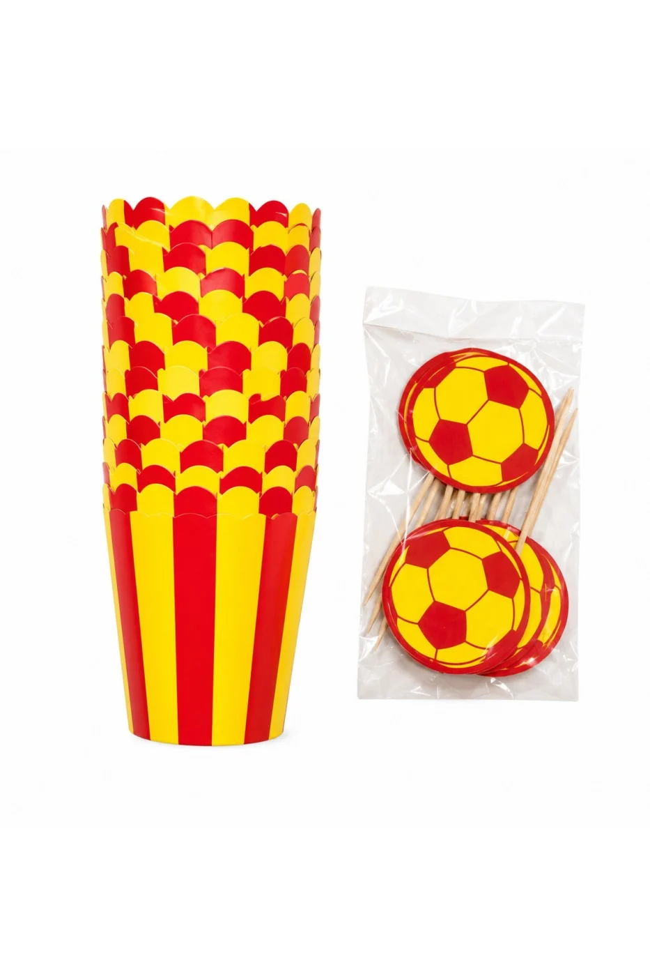 Sarı Kırmızı Cupcake Kalıbı ve Kürdan Süs Seti 16 Parça – 8 Cupcake Kalıbı + 8 Futbol Kürdan Doğum Günü Parti Malzemesi gorsel 3