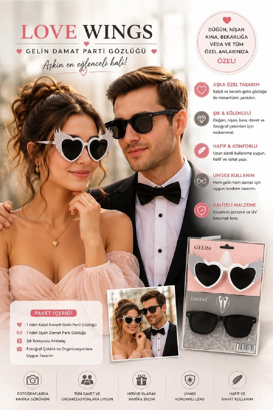 Wedding Mood Premium Düğün Gözlük Seti Düğün, Nişan, Bekarlığa Veda Fotoğraf Aksesuarı gorsel 5