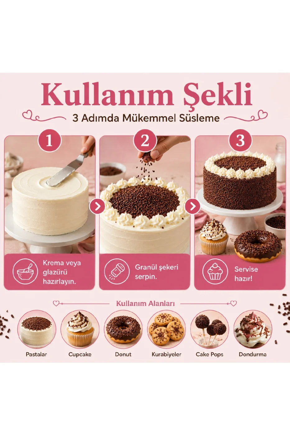 🌟Kahverengi Granül Pasta Süsü 200 Gr | Pasta, Cupcake, Donut, Kurabiye ve Tatlı Süsleme Şekeri gorsel 3