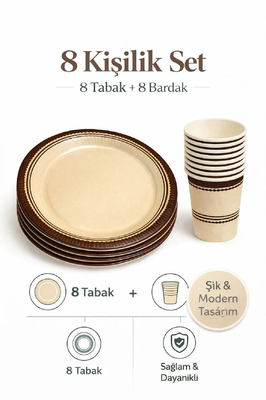 Retro Elegant Krem Parti Seti – 8 Tabak 8 Bardak gorsel 3