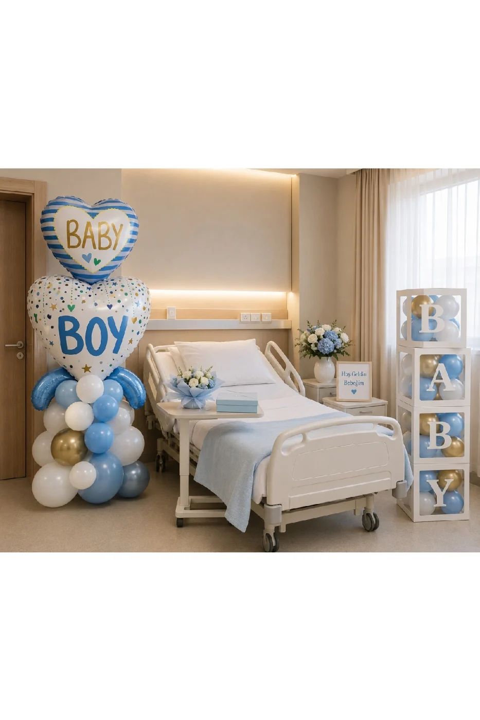 Baby Boy Hastane Odası Süsleme Seti | Erkek Bebek Hastane Karşılama Dekorasyon Seti | 4'lü BABY Kutu + Balon Zinciri Ve Balon Bandı + Folyo Balon | Premium Tam Set gorsel 5
