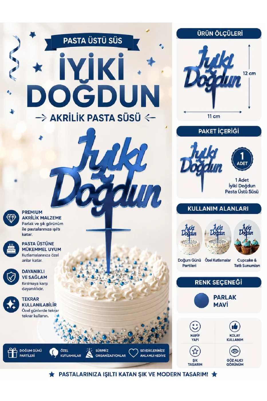 İyiki Doğdun ve Happy Birthday Pasta Üstü Süsü Yazısı Akrilik Parlak Doğum Günü Pasta Yazısı Topper 11x12 cm Doğum Günü Parti Pastası Dekoru
