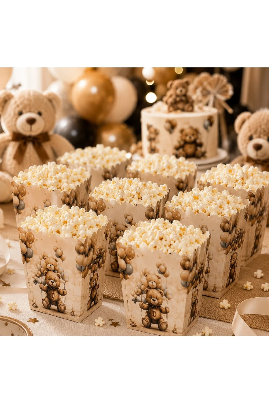 Ayıcık Temalı Mısır Kutusu 8 Adet | Teddy Bear Popcorn Kutusu | Doğum Günü Baby Shower Parti Sunum Kutusu gorsel 3